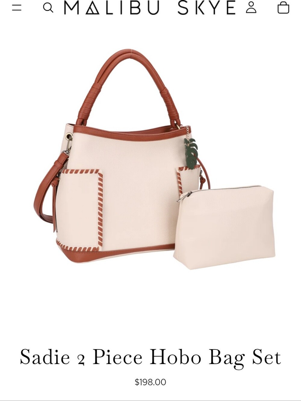 Malibu Sadie 2-Piece Hobo Bag Set - Cream with Brown Trim